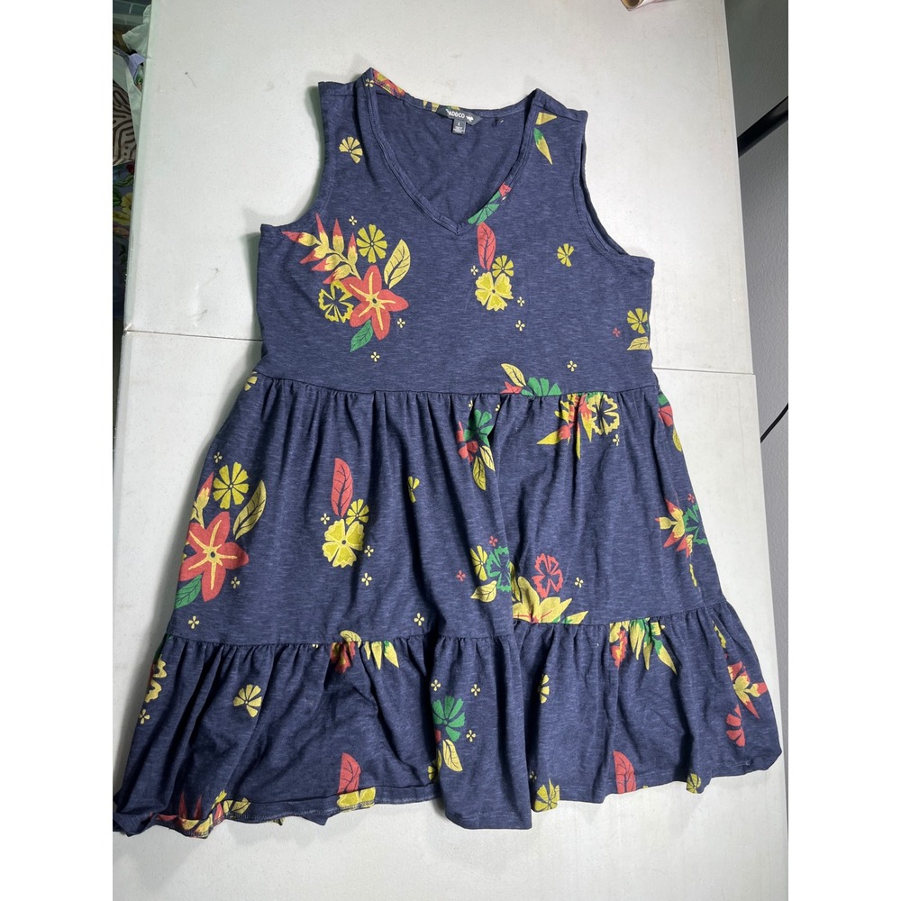 Toad&Co Womens Large Blue Floral Tiered Mini Dress Sleeveless V Neck Boho